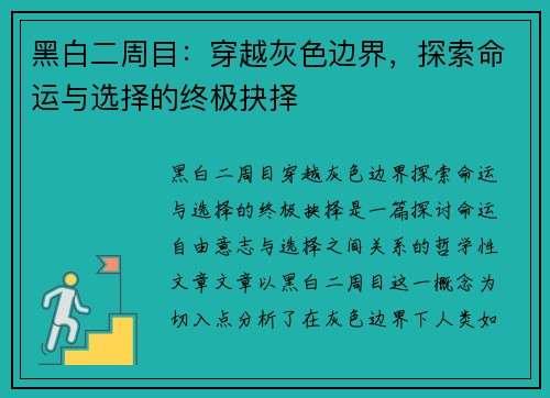 黑白二周目：穿越灰色边界，探索命运与选择的终极抉择